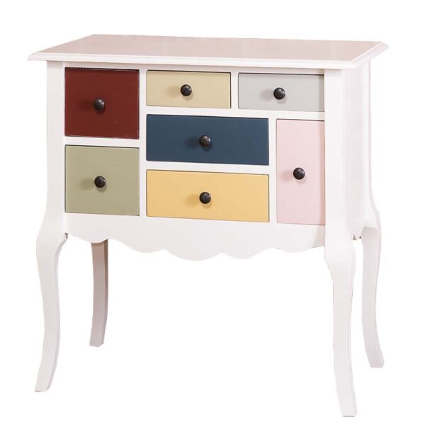 Speels brocante ladekast met 7 verschillende formaten vakken voor opbergruimte. Gemaakt van massief eiken hout in de kleur licht zalm roze met vakken in kleuren: rood, geel, bruin, blauw en grijs. Het meubel kan op verschillende manieren geverfd worden in verschillende kleuren en kan op maat gemaakt worden. Villa Laura