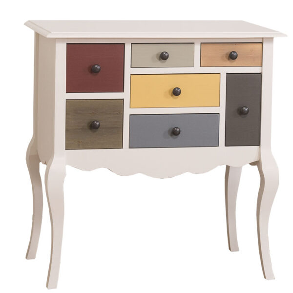 Speels brocante ladekast met 7 verschillende formaten vakken voor opbergruimte. Gemaakt van massief eiken hout in de kleur licht zalm roze met vakken in kleuren: rood, geel, bruin, blauw en grijs. Het meubel kan op verschillende manieren geverfd worden in verschillende kleuren en kan op maat gemaakt worden. Villa Laura