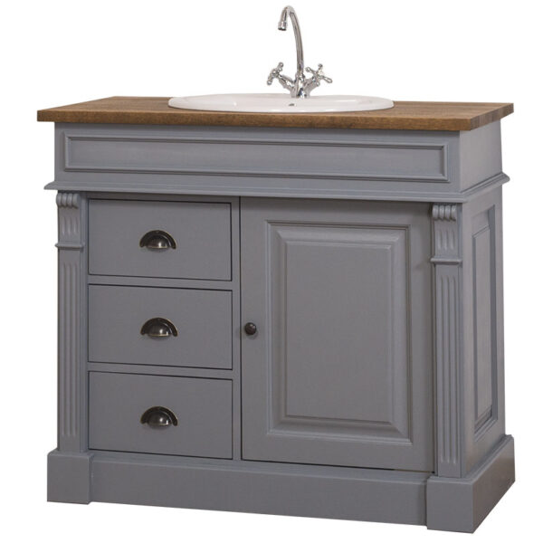 houten landelijke badkamermeubel met waskom en een kraan. Het is een open badkamermeubel met legplanken. het is antraciet van kleur met warm bruin eiken blad. Het meubel kan op maat gemaakt worden. villa laura.