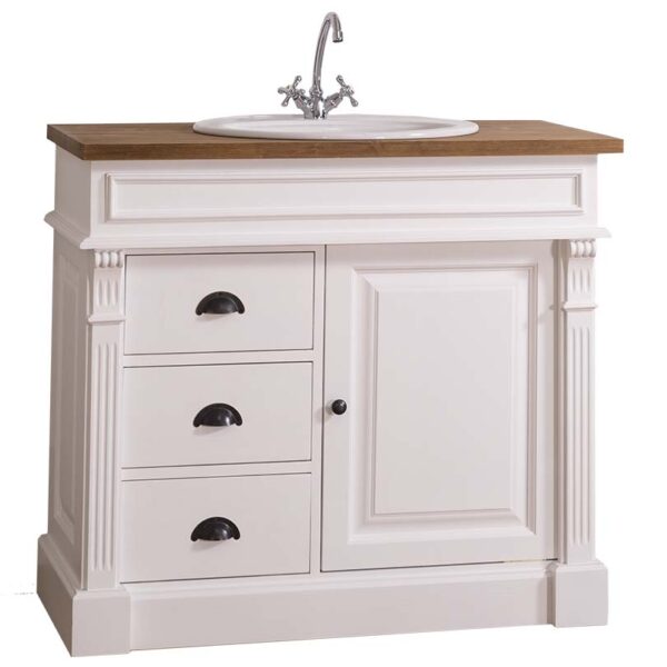 houten landelijke badkamermeubel met waskom en een kraan. Het is een open badkamermeubel met legplanken. het is wit van kleur met warm bruin eiken blad. Het meubel kan op maat gemaakt worden. villa laura.