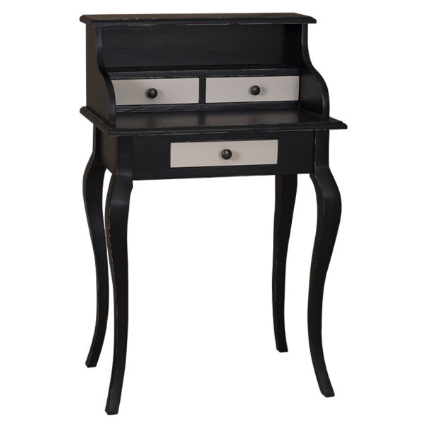 Landelijk bureau/kaptafel met drie kleine lades. Gemaakt van massief eiken hout in de kleur zwart met witte lades. Het meubel kan op verschillende manieren geverfd worden in verschillende kleuren en kan op maat gemaakt worden. Villa Laura