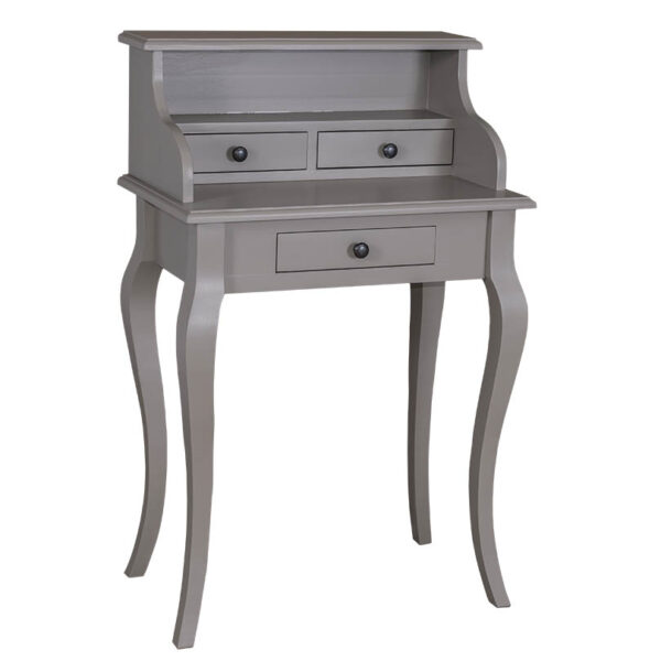 Landelijk bureau/kaptafel met drie kleine lades. Gemaakt van massief eiken hout in de kleur grijs. Het meubel kan op verschillende manieren geverfd worden in verschillende kleuren en kan op maat gemaakt worden. Villa Laura