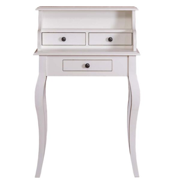 Landelijk bureau/kaptafel met drie kleine lades. Gemaakt van massief eiken hout in de kleur wit. Het meubel kan op verschillende manieren geverfd worden in verschillende kleuren en kan op maat gemaakt worden. Villa Laura