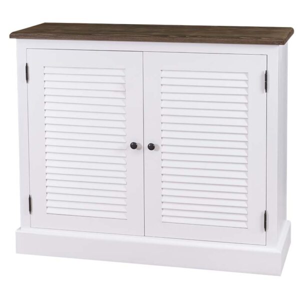 Landelijk louvre dressoir/sidetable voor opbergruimte. Gemaakt van massief eiken hout in de kleur wit met een donker bruin eiken blad. Het meubel kan op verschillende manieren geverfd worden in verschillende kleuren en kan op maat gemaakt worden. Villa Laura