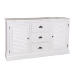 Landelijk dressoir met louvre shutters deurtjes en drie lades voor opbergruimte. Gemaakt van massief eiken hout in de kleur wit. Het meubel kan op verschillende manieren geverfd worden in verschillende kleuren en kan op maat gemaakt worden. Villa Laura