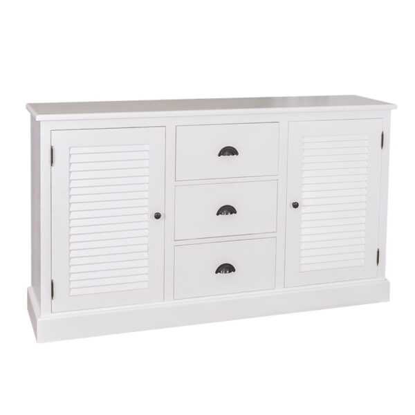 Landelijk dressoir met louvre shutters deurtjes en drie lades voor opbergruimte. Gemaakt van massief eiken hout in de kleur wit. Het meubel kan op verschillende manieren geverfd worden in verschillende kleuren en kan op maat gemaakt worden. Villa Laura