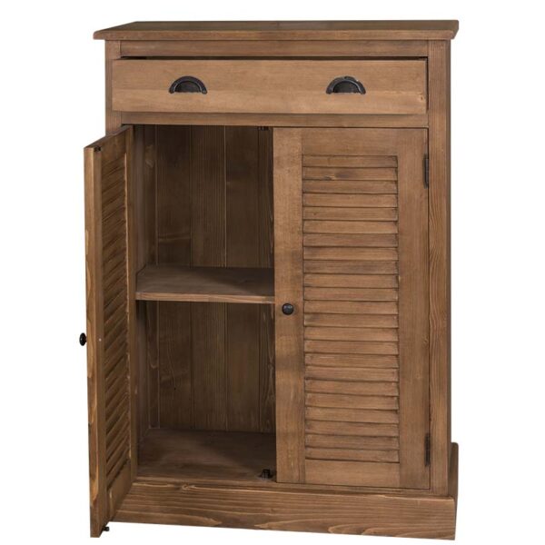 Landelijk louvre opbergkastje met 2 deuren en een lade. Gemaakt van massief eiken hout in de kleur bruin eiken. Het meubel kan op verschillende manieren geverfd worden in verschillende kleuren en kan op maat gemaakt worden. Villa Laura