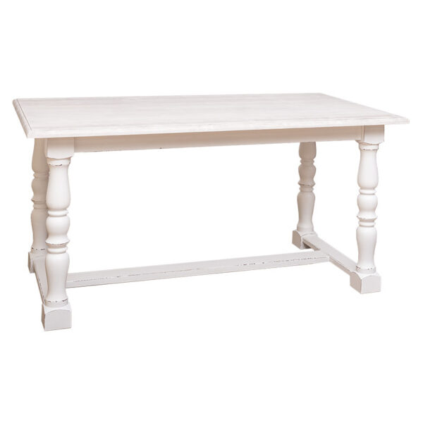Koloniale rechthoekige eettafel met ondersteuning van de poten. Het tafelblad is in de kleur rustiek koffie white wash en het onderstel heeft de kleur wit. De tafel kan op verschillende manieren geverfd worden in verschillende kleuren en kan op maat gemaakt worden. Villa Laura