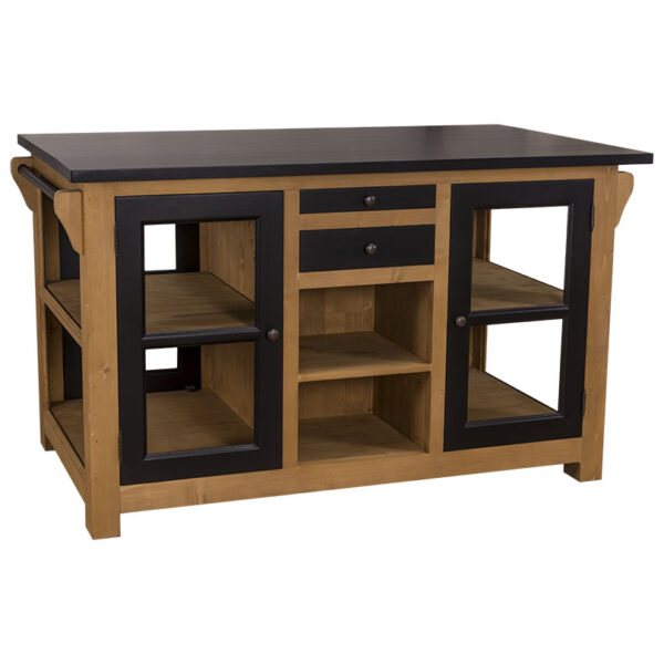 Landelijk houten kookeiland/keukenblok met flessenrekken, lades en deuren. Gemaakt van massief eiken hout in de kleur naturel met zwart. Het meubel kan op verschillende manieren geverfd worden in verschillende kleuren en kan op maat gemaakt worden. Villa Laura