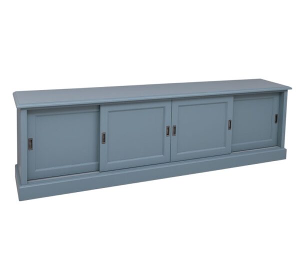 Landelijk tv meubel met 4 schuifdeuren voor opbergruimte. Gemaakt van massief eiken hout in de kleur blauw. Het meubel kan op verschillende manieren geverfd worden in verschillende kleuren en kan op maat gemaakt worden. Villa Laura