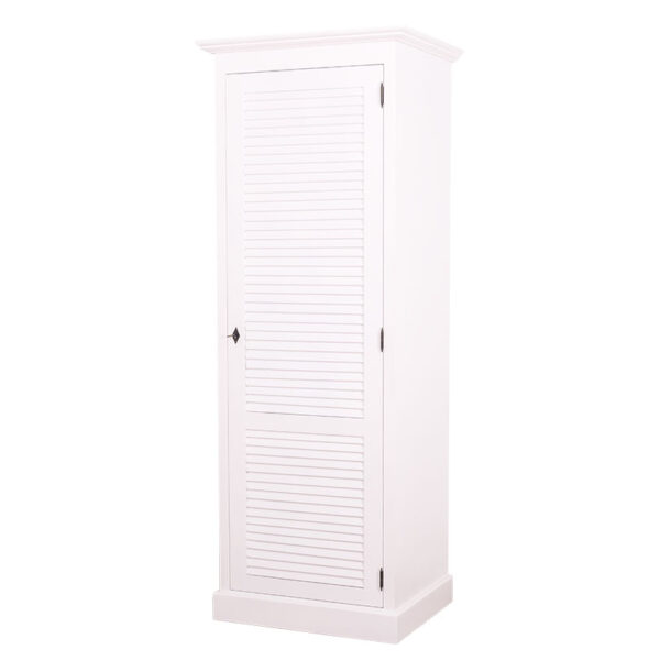 landelijke kledingkast met louvre shutter deuren. de kledingkast heeft planken en een roede. Gemaakt van massief hout eiken. de opbergkast is wit van kleur. de afmeting is 76 cm breed of het kan op maat gemaakt worden. Villa Laura