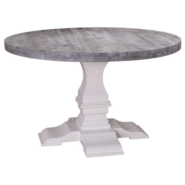Landelijke ronde tafel met groot onderstel met eiken houten blad die op maat gemaakt kan worden. Het tafelblad is in de kleur donkerrustiek met white wash. Het onderstel is in de kleur gebroken wit. Villa Laura