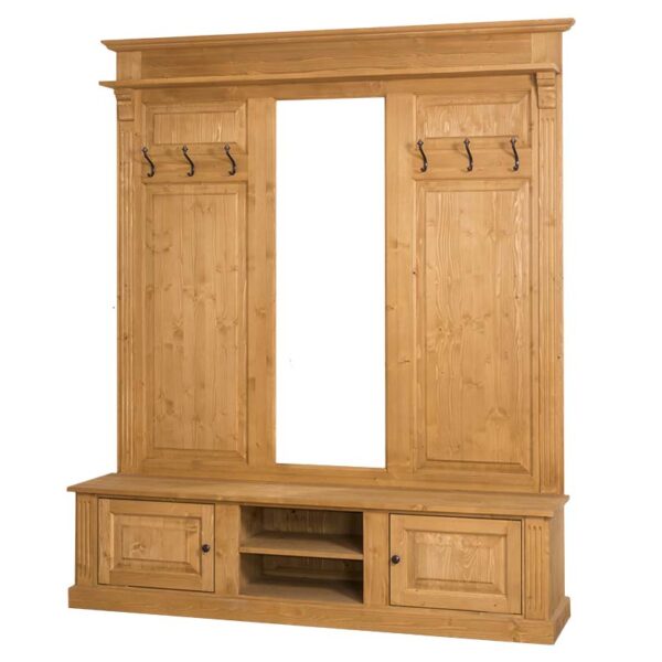 Mooie eiken brede halmeubel in een landelijke moderne stijl. Het halmeubel heeft 6 haken waar jassen aan opgehangen kunnen worden, aan beide kanten 3 haken. In het middel zit een gat waardoor er een mooie symmetrie is te zien in het meubel en deze verlengd wordt. Bovenaan de kast zit nog een smal plankje waar spullen opgezet kunnen worden. Onderaan zit een ruim bankje met aan beide buitenkanten een kastje en in het midden twee plankjes voor spullen. Gemaakt van massief eiken hout in de kleur wax finish naturel. Het halmeubel kan op verschillende manieren geverfd worden in verschillende kleuren en kan op maat gemaakt worden. Villa Laura