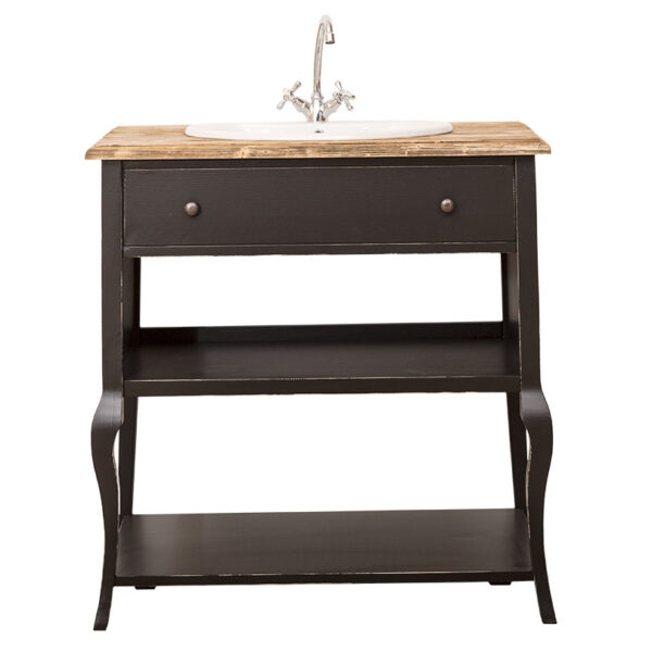 Landelijk badkamermeubel met een lade en twee onderbladen. Gemaakt van massief eiken hout in de kleur zwart met naturel. Het meubel kan op verschillende manieren geverfd worden in verschillende kleuren en kan op maat gemaakt worden. Villa Laura