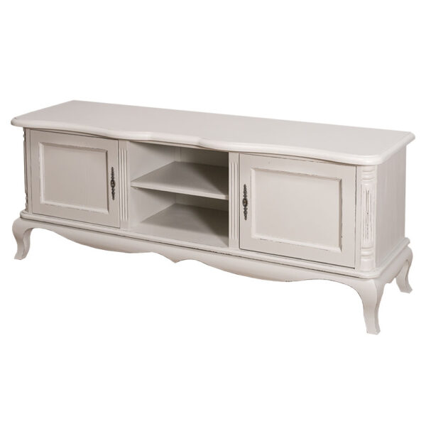 Landelijk klassieke tv meubel met twee deurtjes en twee open vakken op pootjes. Gemaakt van massief eiken hout in de kleur zand, beige. Het meubel kan op verschillende manieren geverfd worden in verschillende kleuren en kan op maat gemaakt worden. Villa Laura