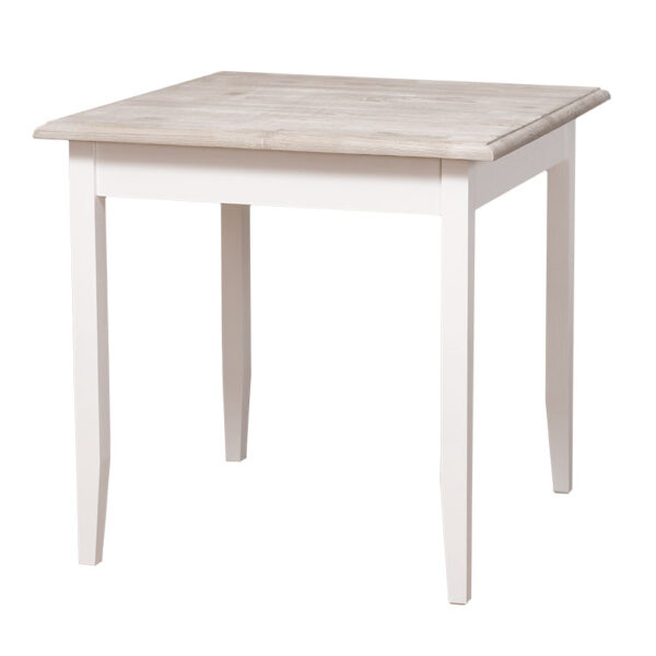 Landelijke vierkante eettafel 80x80 cm met vier poten. Gemaakt van massief eiken hout in de kleur wit met een naturel white wash blad. Het meubel kan op verschillende manieren geverfd worden in verschillende kleuren en kan op maat gemaakt worden. Villa Laura