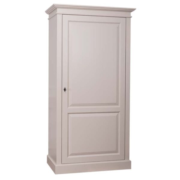 Landelijke kledingkast 1-deurs. Gemaakt van massief eiken hout in de kleur beige. Het meubel kan op verschillende manieren geverfd worden in verschillende kleuren en kan op maat gemaakt worden. Villa Laura