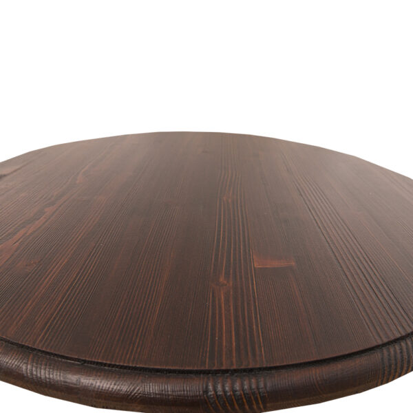 Landelijke ronde bartafel met sierlijke poot. Gemaakt van massief eiken hout in de kleur donker eiken bruin. Het meubel kan op verschillende manieren geverfd worden in verschillende kleuren en kan op maat gemaakt worden. Villa Laura