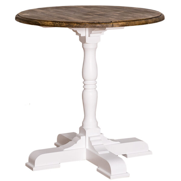 Bistro/horecatafel ronde landelijke tafel met klassiek onderstel wat op maat gemaakt kan worden. Het blad van de tafel is eiken bruin en het onderstel is gebroken wit. Villa Laura