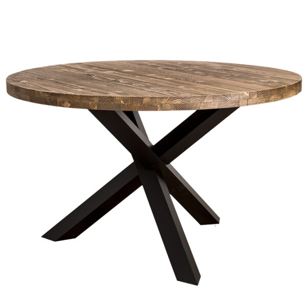 Ronde eettafel met spinpoot. Gemaakt van massief hout eiken. Het onderstel is zwart en het bovenblad is van warm, rustiek eiken hout waar je mooi de nerven van kan zien. De lengte is 130 cm of het kan op maat gemaakt worden. Villa Laura