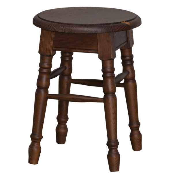 Retro rond krukje met vier poten. Gemaakt van massief eiken hout in de kleur donker eiken bruin. Het meubel kan op verschillende manieren geverfd worden in verschillende kleuren en kan op maat gemaakt worden. Villa Laura