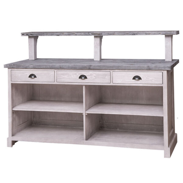 Landelijke bar met extra blad voor genoeg ruimte. Gemaakt van massief eiken hout in de kleur eiken wit met een grijs eiken blad. Het meubel kan op verschillende manieren geverfd worden in verschillende kleuren en kan op maat gemaakt worden. Villa Laura
