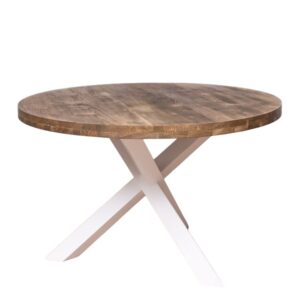 Ronde eettafel met spinpoot. Gemaakt van massief hout eiken. Het onderstel is wit en het bovenblad is van licht eiken hout, waar je mooi de nerven van kan zien. De lengte is 130 cm of het kan op maat gemaakt worden. Villa Laura