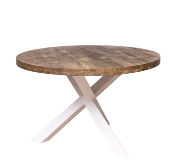 Ronde eettafel met spinpoot. Gemaakt van massief hout eiken. Het onderstel is wit en het bovenblad is van licht eiken hout, waar je mooi de nerven van kan zien. De lengte is 130 cm of het kan op maat gemaakt worden. Villa Laura