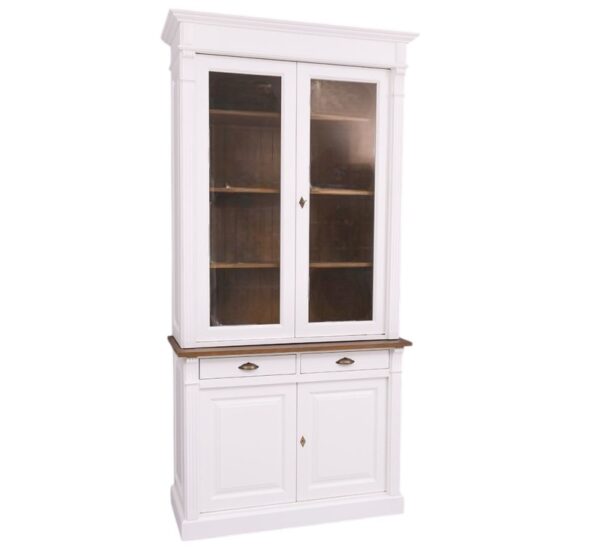 Landelijke buffetkast met deuren en lades voor opbergruimte. De buffetkast heeft onder 2 deuren en 2 lades erboven naast elkaar. Bovenaan de kast zitten twee lange deuren met glas met planken erachter. Gemaakt van massief eiken hout in de kleur wit. Het meubel kan op verschillende manieren geverfd worden in verschillende kleuren en kan op maat gemaakt worden. Villa Laura