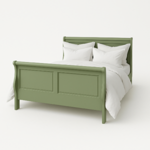 Landelijke, klassieke, romantische houten tweepersoons bed met twee lades. Gemaakt van massief hout eiken in de kleur groen. Het bed kan op verschillende manieren geverfd worden in verschillende kleuren en kan op maat gemaakt worden. Villa Laura