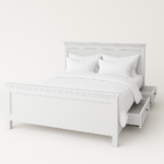 Landelijke, klassieke, extravagante houten tweepersoons bed met twee lades. Gemaakt van massief hout eiken in de kleur wit. Het bed kan op verschillende manieren geverfd worden in verschillende kleuren en kan op maat gemaakt worden. Villa Laura