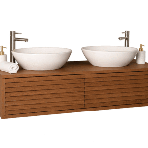 Modern hangend zwevende badkamermeubel/wastafel Barcelona met latjes en wasbak. het heeft 2 lades. Het kan op maat gemaakt worden. in de kleur warm bruin eiken.