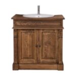 eiken houten klassiek landelijk badkamermeubel met ornamenten. het heeft een wasbak en een kraan. de onderkast heeft 2 deuren waar veel opbergruimte is. In de kleur warm eiken hout. Villa Laura