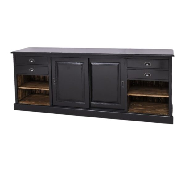 Landelijke dressoir met lades, schuifdeuren en open vakken voor opbergruimte. De kast heeft in het midden twee schuifdeuren en aan beide buitenkanten 2 lades onder elkaar en 2 open vakken. Gemaakt van massief eiken hout in de kleur zwart met een warm bruine binnenkant. Het meubel kan op verschillende manieren geverfd worden in verschillende kleuren en kan op maat gemaakt worden. Villa Laura