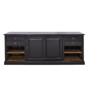 Landelijke dressoir met lades, schuifdeuren en open vakken voor opbergruimte. De kast heeft in het midden twee schuifdeuren en aan beide buitenkanten 2 lades onder elkaar en 2 open vakken. Gemaakt van massief eiken hout in de kleur zwart met een warm bruine binnenkant. Het meubel kan op verschillende manieren geverfd worden in verschillende kleuren en kan op maat gemaakt worden. Villa Laura