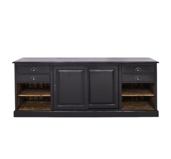 Landelijke dressoir met lades, schuifdeuren en open vakken voor opbergruimte. De kast heeft in het midden twee schuifdeuren en aan beide buitenkanten 2 lades onder elkaar en 2 open vakken. Gemaakt van massief eiken hout in de kleur zwart met een warm bruine binnenkant. Het meubel kan op verschillende manieren geverfd worden in verschillende kleuren en kan op maat gemaakt worden. Villa Laura