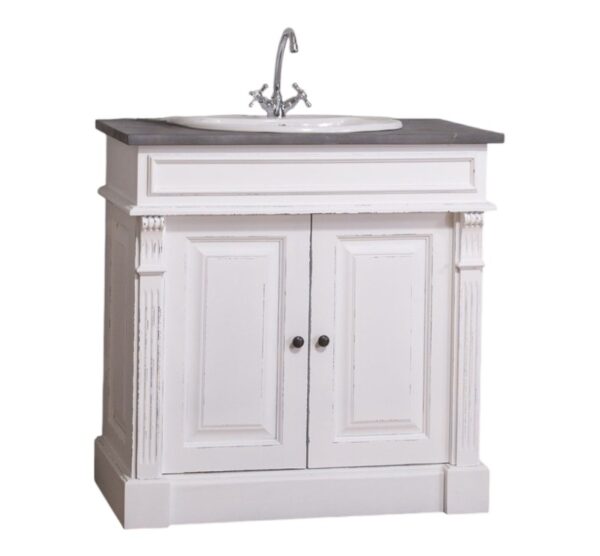 eiken houten klassiek landelijk badkamermeubel met ornamenten. het heeft een wasbak en een kraan. de onderkast heeft 2 deuren waar veel opbergruimte is. In de kleur wit vintagelook. Villa Laura