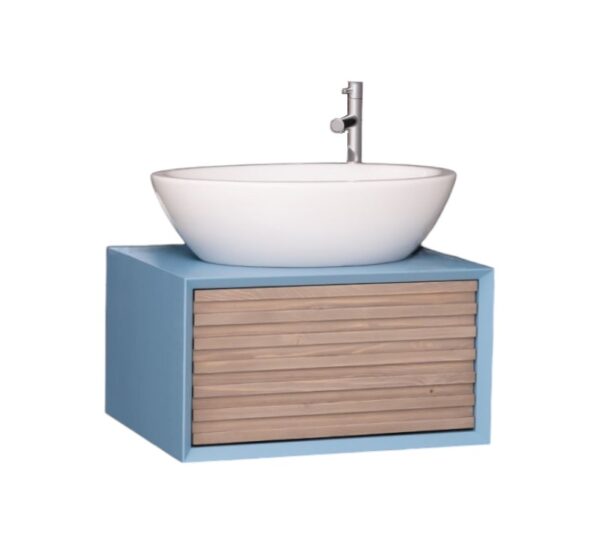 Modern hangend zwevende badkamermeubel/wastafel Barcelona met latjes en wasbak. het heeft 1 lade. Het kan op maat gemaakt worden. in de kleur blauw en warm eiken.