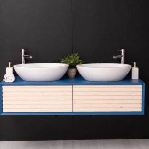 Moderne hangend badkamermeubel met lades van latjes - 150 cm of maatwerk (PS757)