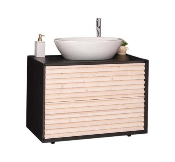 Moderne zwevende wand badkamermeubel Barcelona met latjes en wasbak. het heeft 2 lades. Het kan op maat gemaakt worden. in de kleur zwart en licht eiken.