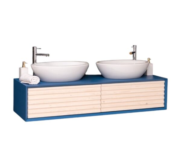 Moderne badkamermeubel/wastafel Barcelona met latjes en wasbak. het heeft 2 lades. Het kan op maat gemaakt worden. in de kleur blauw en licht eiken.