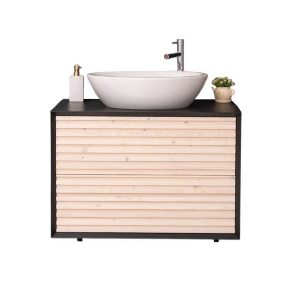 Moderne zwevende wand badkamermeubel /wastafel Barcelona met latjes en wasbak. het heeft 2 lades. Het kan op maat gemaakt worden. in de kleur zwart en licht eiken.