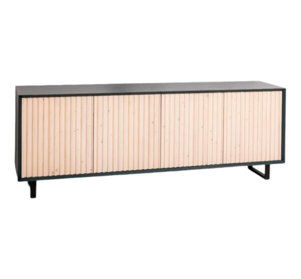 Modern landelijk dressoir met een deurtje van houten latjes.De kast staat op zwarte stalen pootjes. Gemaakt van massief hout eiken in de kleur zwart en licht eiken deurtje. De kast kan op verschillende manieren geverfd worden in verschillende kleuren en kan op maat gemaakt worden. Villa Laura