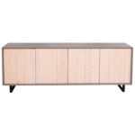 Modern landelijk dressoir met een deurtje van houten latjes.De kast staat op zwarte stalen pootjes. Gemaakt van massief hout eiken in de kleur taupe, antraciet en licht eiken deurtje. De kast kan op verschillende manieren geverfd worden in verschillende kleuren en kan op maat gemaakt worden. Villa Laura