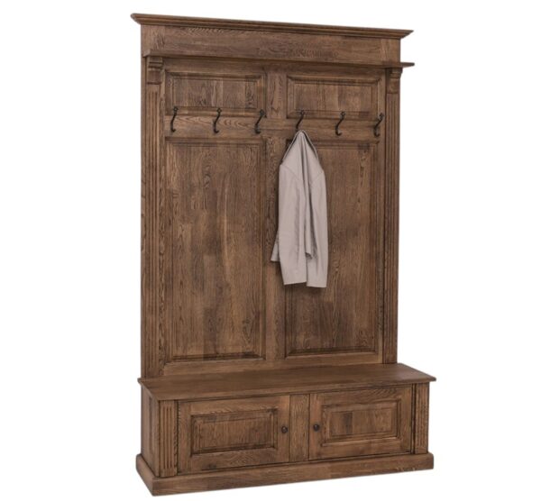 landelijke, klassieke, extravergante halmeubel/kapstok met bankje en opbergruimte. Gemaakt van massief hout in de kleur warm bruin eiken, walnoot, wengé hout. Het kan op maat gemaakt worden. Villa Laura