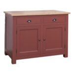 Landelijk houten keukenkast/keukenblok met lades en deuren in afmeting 120 cm breed. In de kleur bordeaux rood en licht eiken.