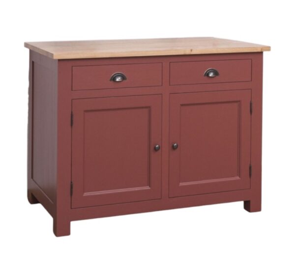 Landelijk houten keukenkast/keukenblok met lades en deuren in afmeting 120 cm breed. In de kleur bordeaux rood en licht eiken.
