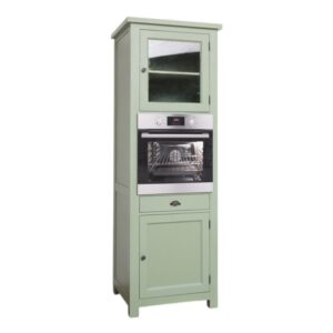 massief landelijk houten hoge keukenkast voor een oven. De afmeting is 76 cm breed. Het keukenblok heeft een lade, deurtjes. Die landelijke boeren keuken is onderdeel van diverse koppelstukken. Je kan dit helemaal samenstellen. de keukenkast heeft de kleur licht groen.
