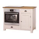Landelijk houten keukenkast, keukenblok in de afmeting 120 cm breed. De keukenblok heeft lades, deurtje en een oven. Die landelijke boeren keuken is onderdeel van diverse koppelstukken. Je kan dit helemaal samenstellen. de keukenkast heeft de kleur zwart en warm eiken blad.