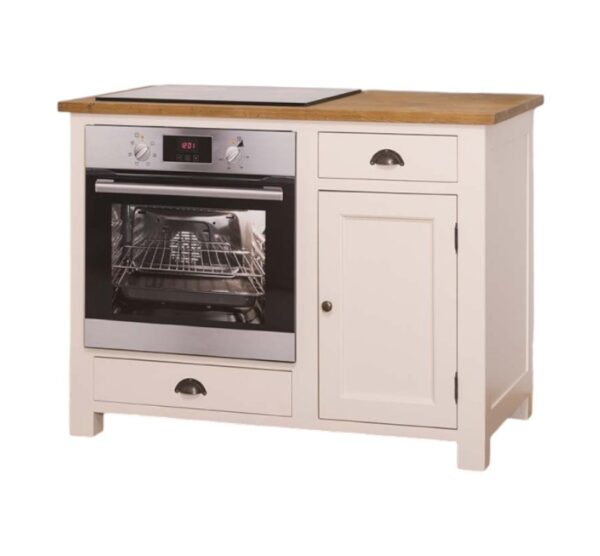Landelijk houten keukenkast, keukenblok in de afmeting 120 cm breed. De keukenblok heeft lades, deurtje en een oven. Die landelijke boeren keuken is onderdeel van diverse koppelstukken. Je kan dit helemaal samenstellen. de keukenkast heeft de kleur zwart en warm eiken blad.